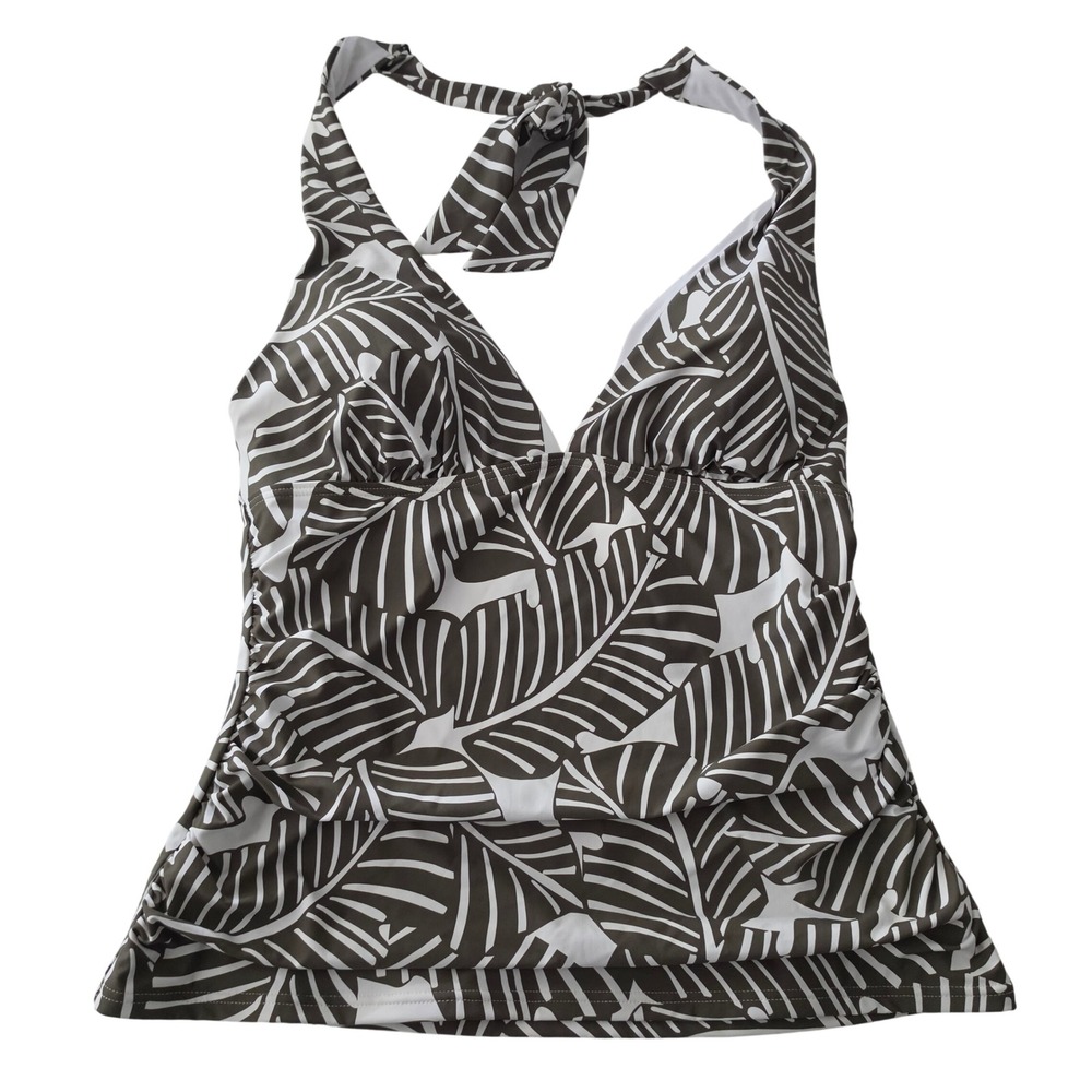 DKNY Women Tankini Top Olive Green Tropical Palm Leaf Ruched Halter Large